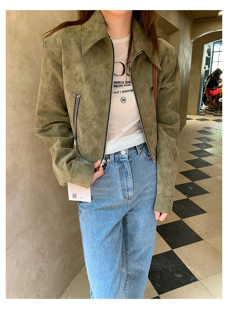 Retro Commuter Lazy Short Suede Fabric Jacket Coat For Women
